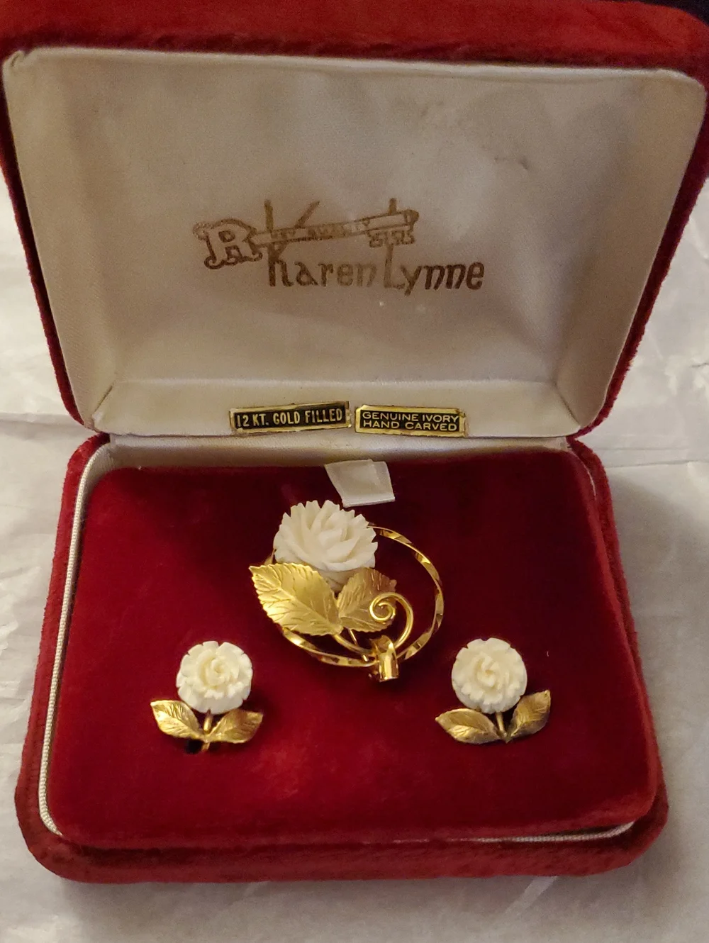 Karen Lynne 12KT Gold Filled Ivory Rose Brooch & Earring Set - White & Gold